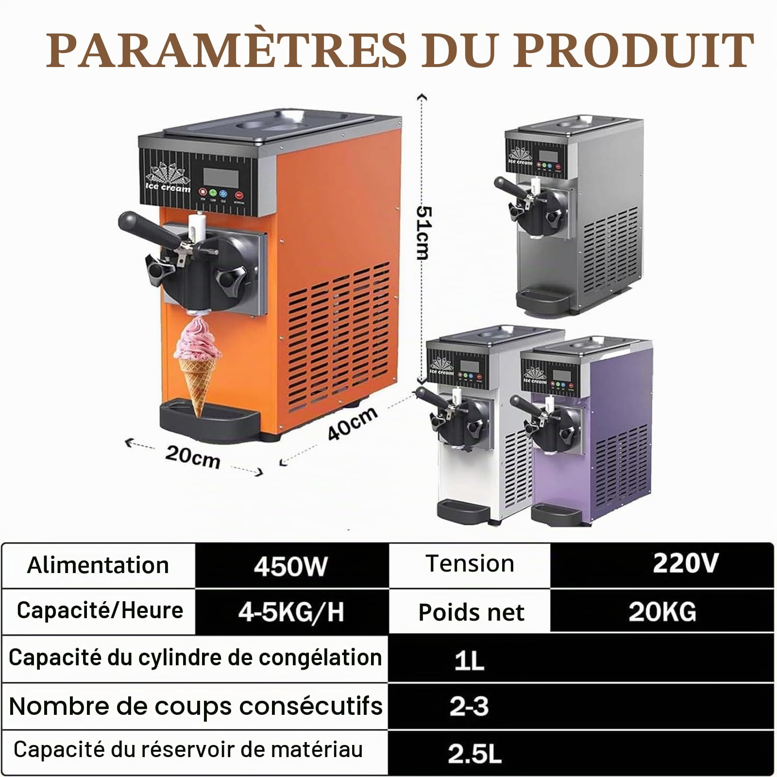 Machine Glace Italienne Maison,Machine Glace Italienne Comptoir, Rendement 4 à 5 Kg/H, Pré-Refroidissement,Nettoyage Automatique,écran LCD,Machine Glace Italienne pour Parfum Unique White