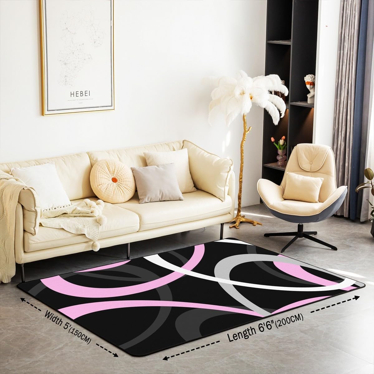 Feelyou Pink White Black Geometric Area Rug 5x7 Retro Circle Swirls Living Room Rugs Boys Girls Circle Stripes Geometric Decorative Carpet Geometric Abstract Art Indoor Floor Mat