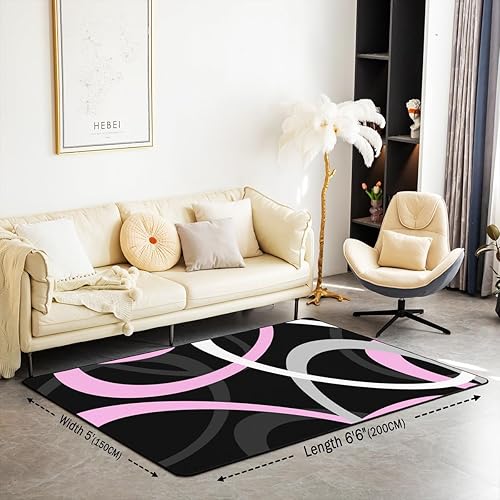 Miniatura 2 de Feelyou Alfombra geométrica de color rosa, blanco y negro, 5 x 7 pulgadas, retro, círculos, remolinos, para sala de estar, para niños y niñas,