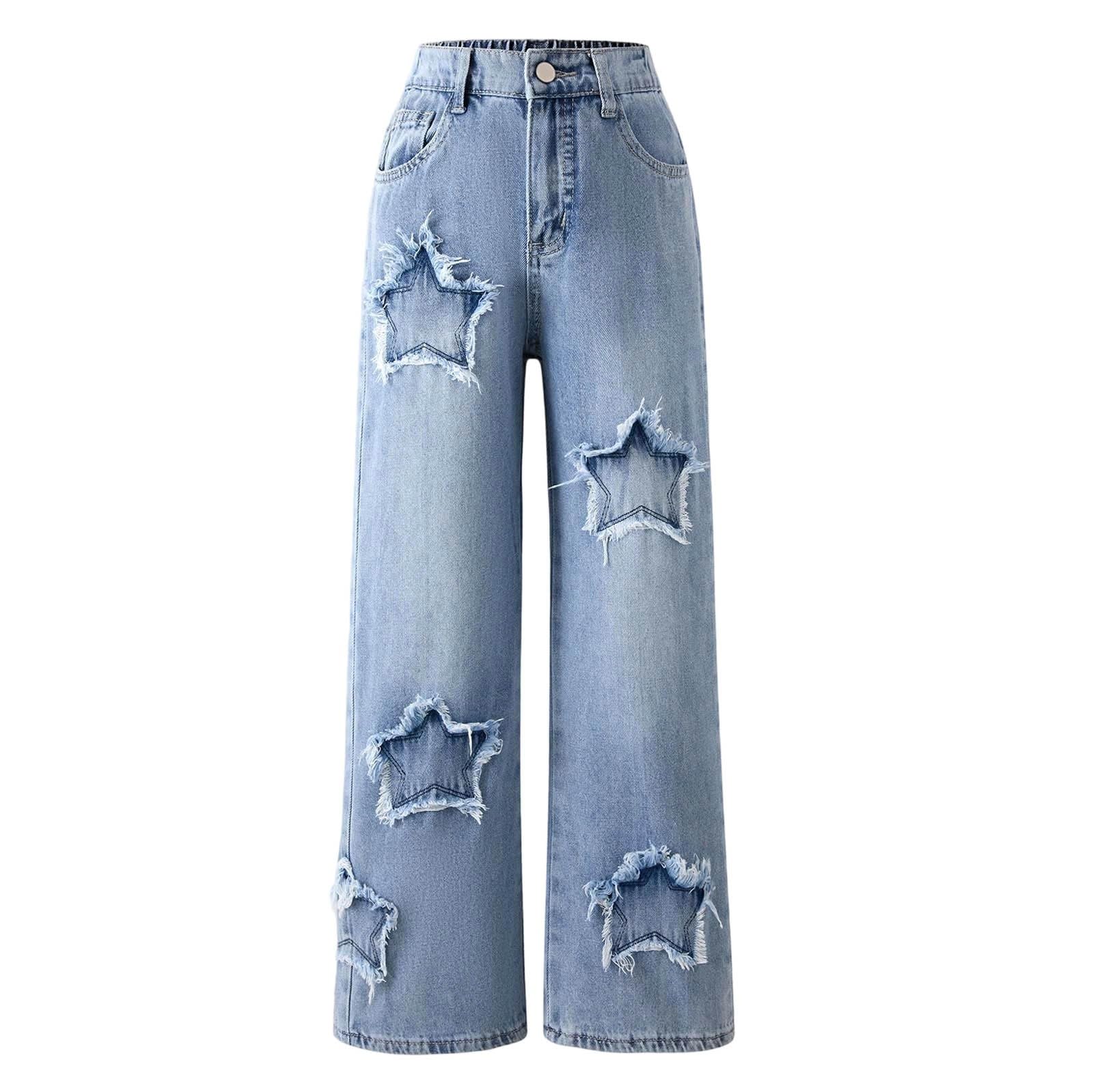 Pantalones Vaqueros NiñA -Pantalones De Moda para NiñAs con Decoraciones De Estrellas, Cintura EláStica, Vaqueros De Pierna Ancha para Adolescentes, Atuendo Casual Y CóModo para Uso Diario,