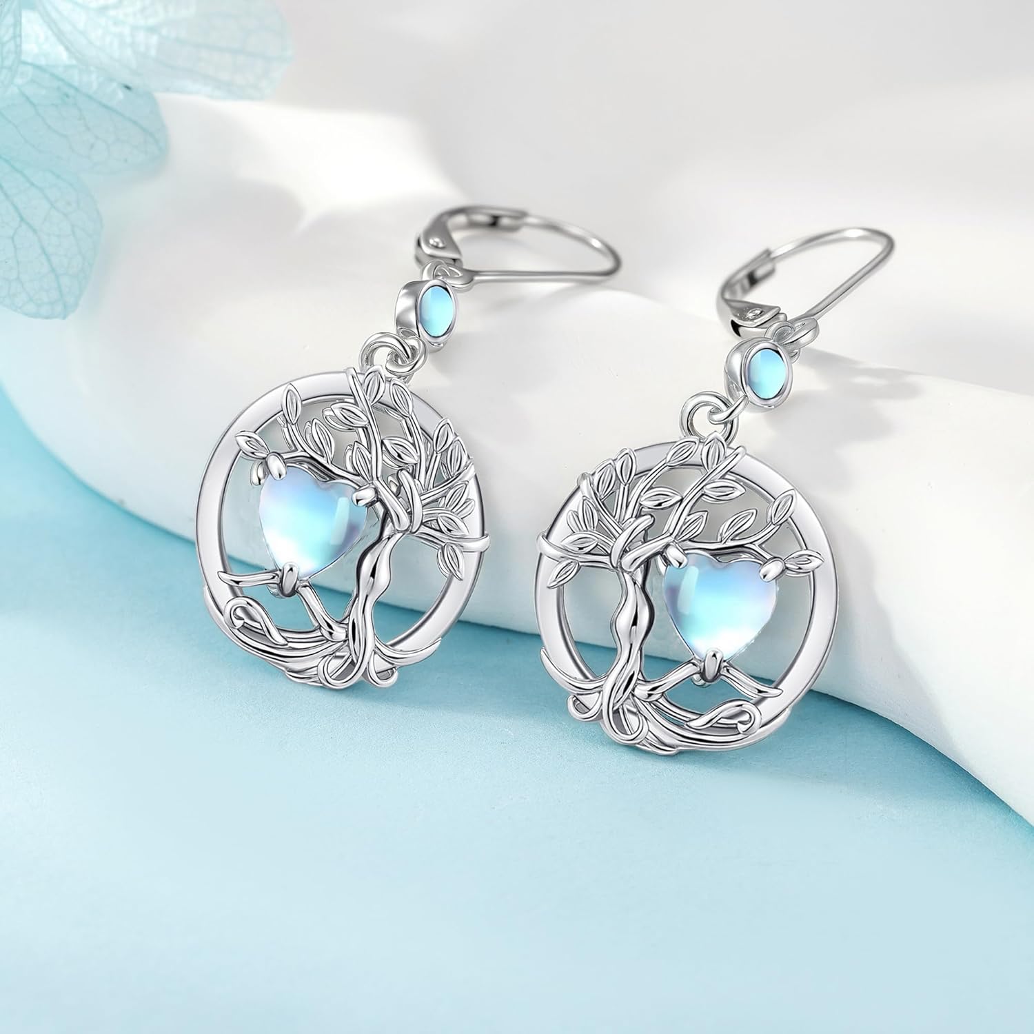 Tree of Life Earrings for Women 925 Sterling Silver Moonstone Opal Turquoise Leverback Tree of Life Dangle Drop Earrings Jewelry - Image 2