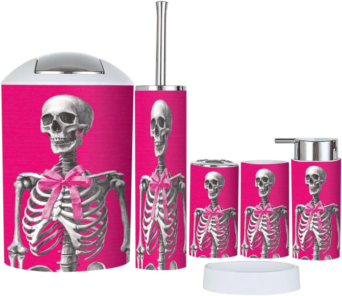 Bathroom Accessories Set 6 Pcs Trashy Y2k Aesthetic Early 2000s Hot Pink Baddie Aesthetic Skull Heart Toothbrush Holder Cup Soap Dispenser Soap Dish Toilet Brush Holder Trash Can for Countertop Decor