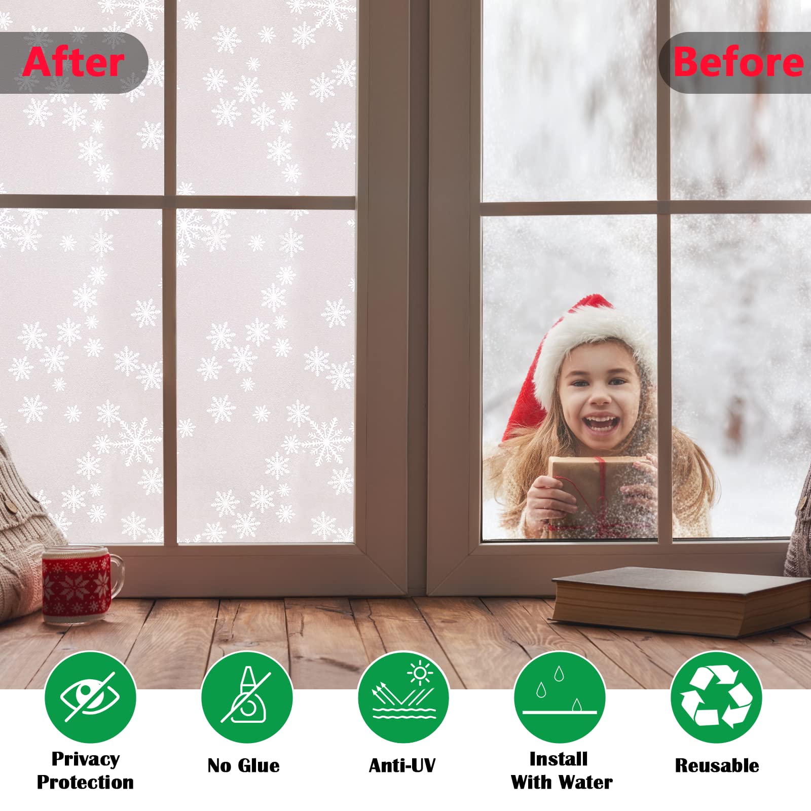 Niviy Film de confidentialité pour fenêtre - Décorations de Noël - Flocons de Neige - Autocollant Non adhésif - Film en Verre dépoli - Contrôle de la Chaleur - 60 x 200 cm