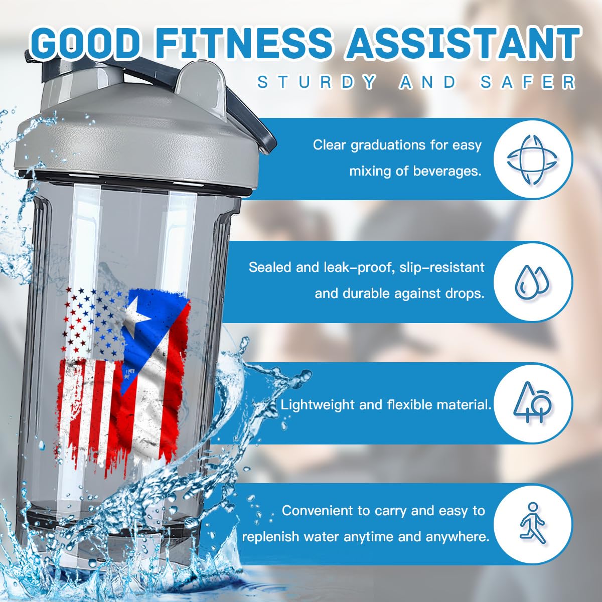 Vintage Porto Rico And America Flag 1 18 Ounce Shaker Cup,Fashion Theme Pattern Shaker Bottle Leak-proof Workout Shake Bottles 500ML/18 oz Perfect for Pre Workout Gray 0