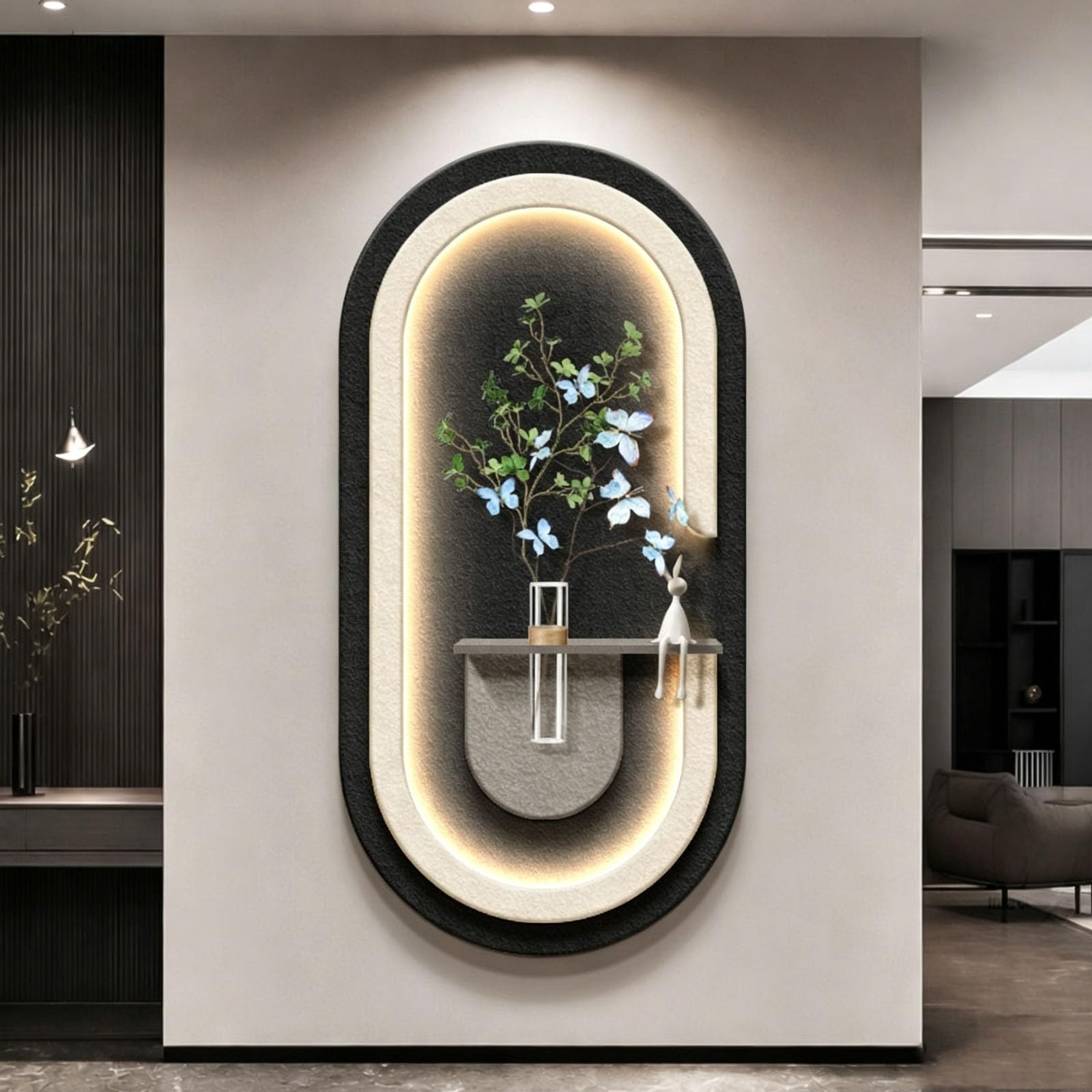 3D Sandstone Wall Art Decor with LED Light Plug-in Backlit Sculpture Floating Shelf Glass Vase Modern Oval Hanging for Living Room Entryway Hallway Home Decoration(A,23.6*47.2in/60*120cm)