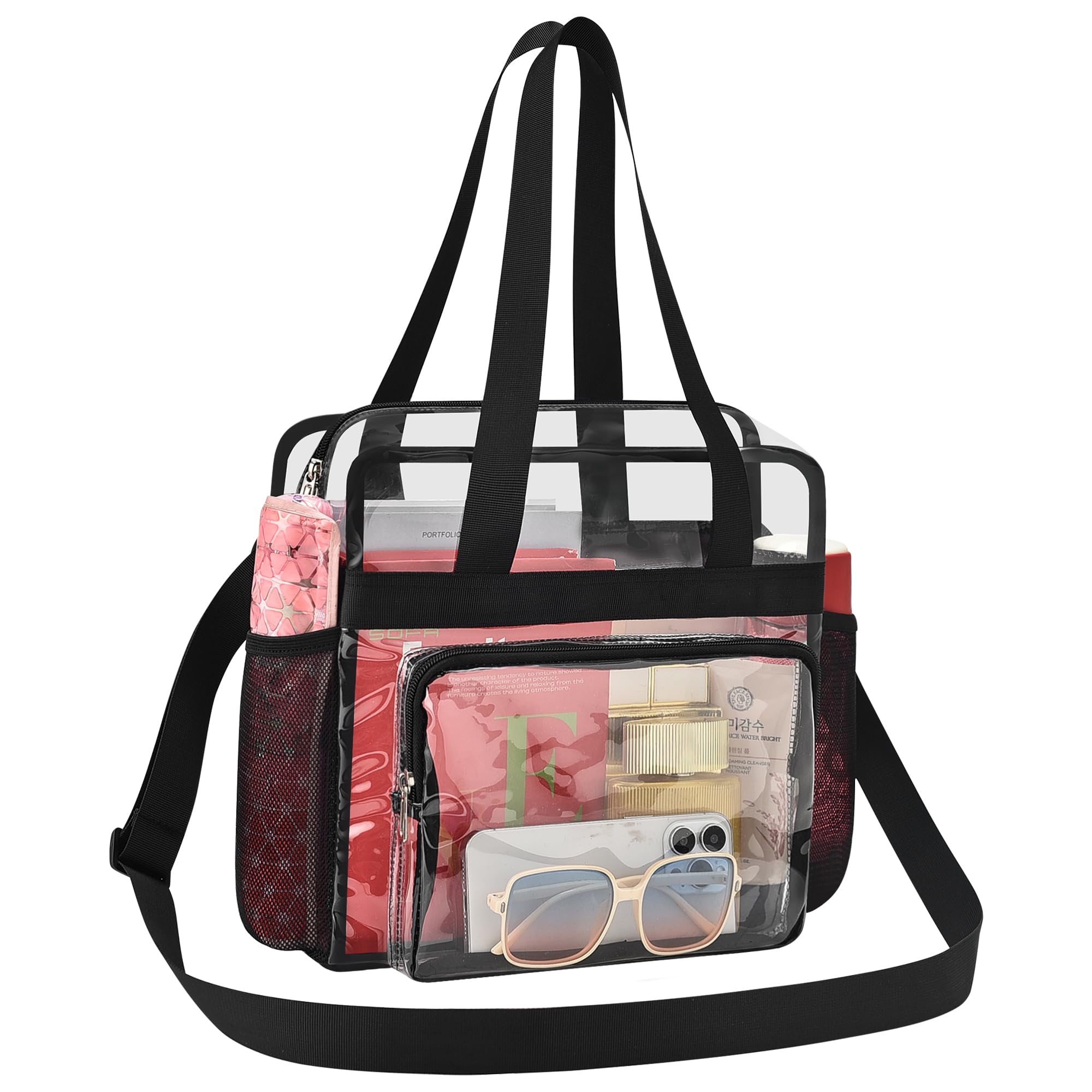 Busiuw Clear Bag for Stadium Events 12x12x6, Clear Tote Bag with Reinforced Straps and Front Pocket for Sports Fan Work Travel and Events(Black)