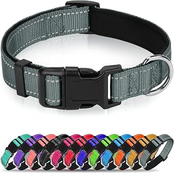 Reflective Dog Collar for Mediunm Dogs, Adjustable Collar with Soft Neoprene Padded, Durable Buckle for Daily Walking,Grey,M, 1" Width