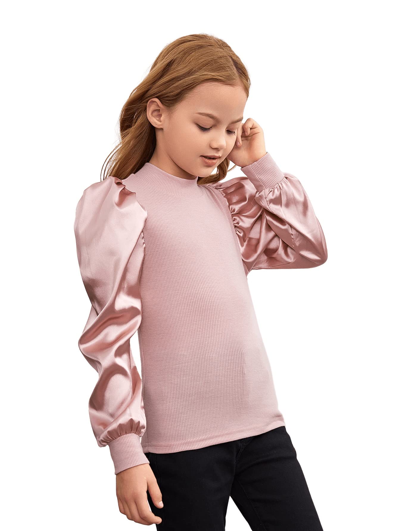 Floerns Girls Casual Puff Long Sleeve Round Neck Rib Knit Blouse Tee Tops Dusty Pink 11-12Y