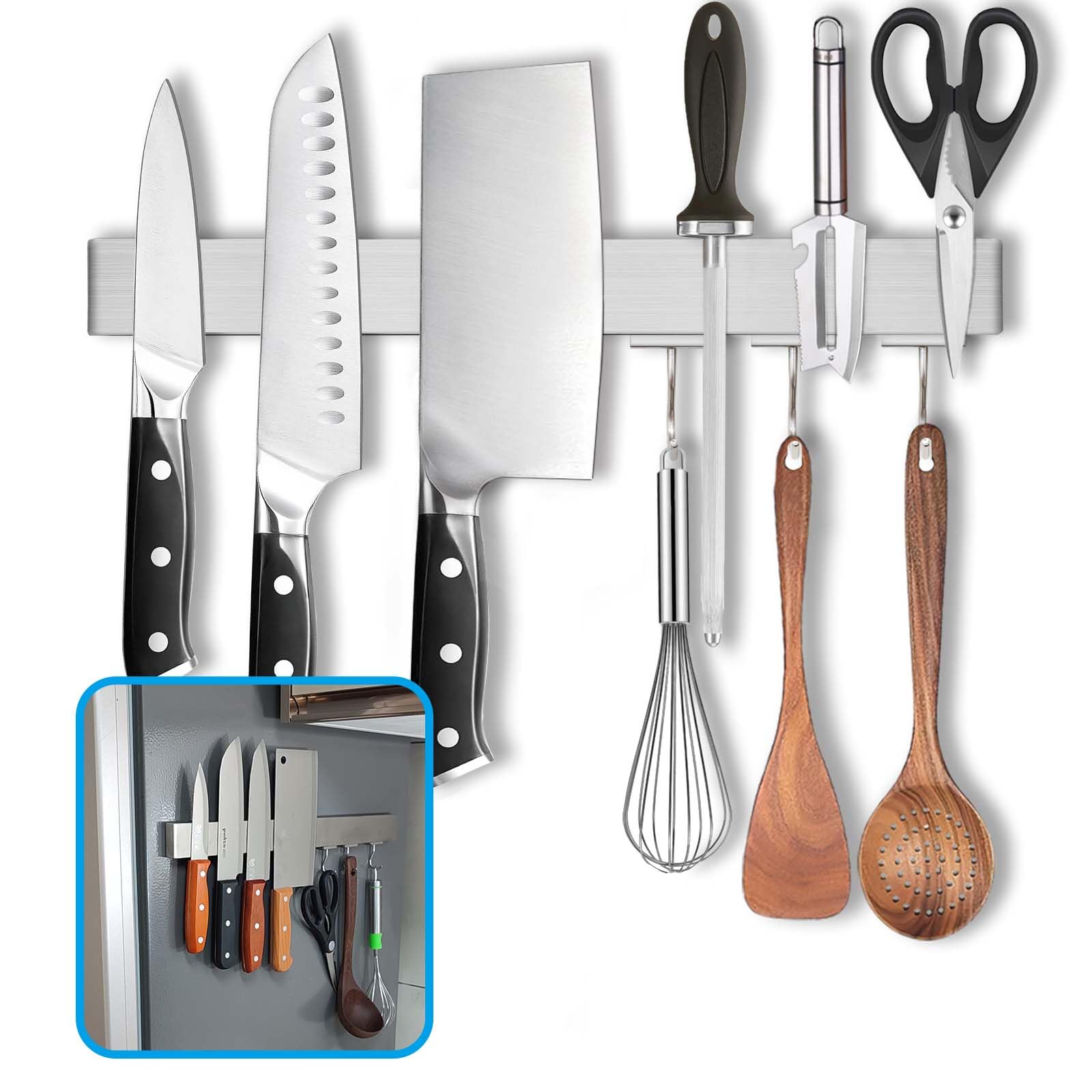 HomeSimplex 14 Inch Magnetic Knife Holder for Refrigerator - Knife Magnetic Strip for Fridge with Magnetic Hooks - Double Sided Magnetic Knife Bar -