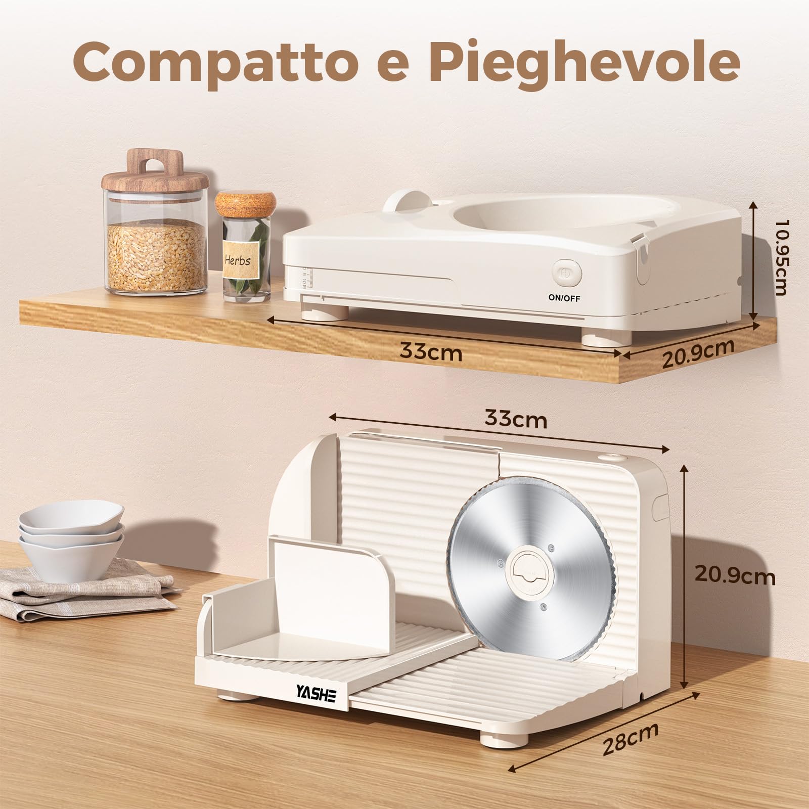 YASHE Affettatrice Elettrica Da Casa Pieghevole, 180W Con Lama Seghettata Da 17 Cm, Spessore Regolabile 0–15 Mm, Facile Da Pulire E Design Sicuro Per Carne, Formaggio, Pane, Verdure