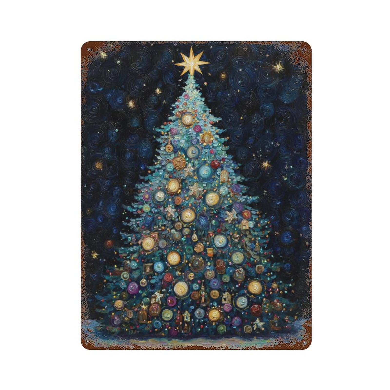 Garage Style Christmas Tree with Starry Night Sky Rusty Metal Tin Sign 15.7"x11.8", Decorative Metal Wall Art for Bar And Workshop