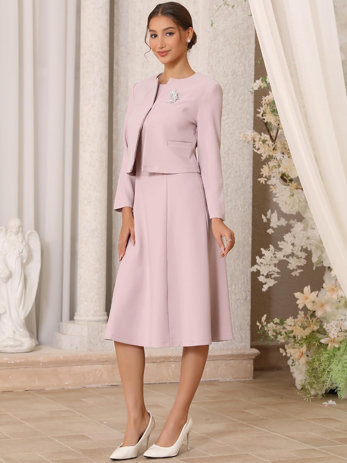Women's Wedding Guest Suit Dress Two Pieces Sets Formal Sleeveless Dress and Crop Blazer Shrug