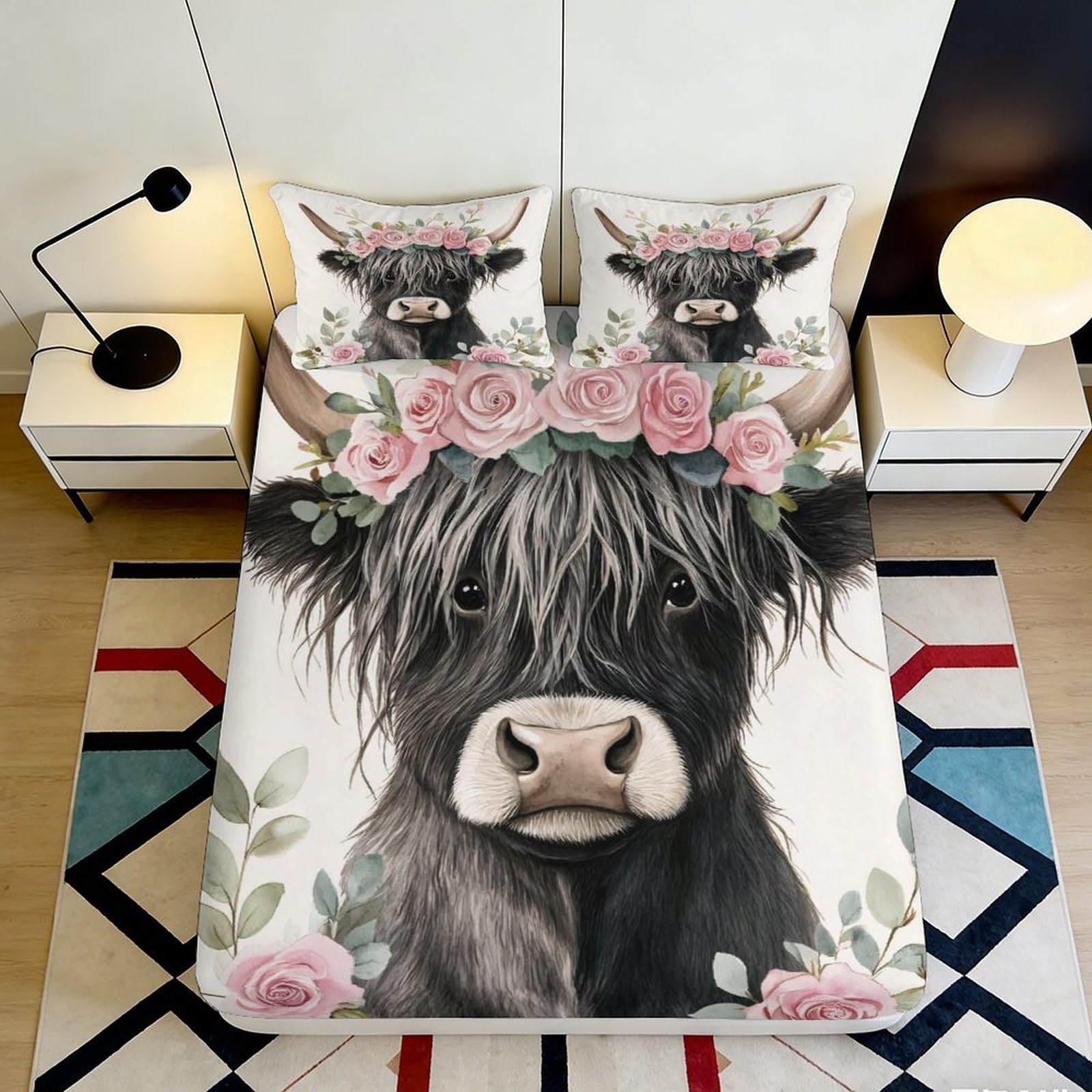 Jqzkxnhpbr Style-9 3D Printed Highland Cow Floral Fitted Sheet Microfiber Soft Mattress Cover Bedroom Dorm Decor Dustproof Washable 90X200x25cm