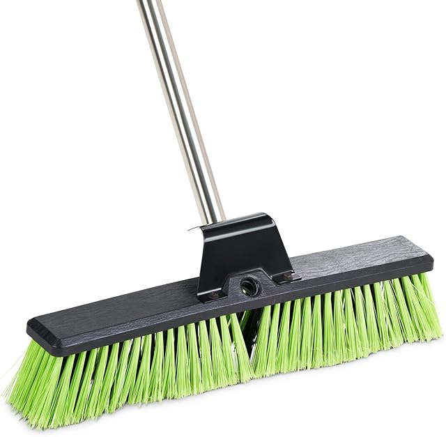 SA Products Heavy Duty Garden Broom - Unflagged Green Bristle Brush, Wooden Head, Long Stainless Steel Handle - Sweeping Cleaner Scrubber for Garage, Swimming Pool, Driveway, Yard, Decking - 144x46cm