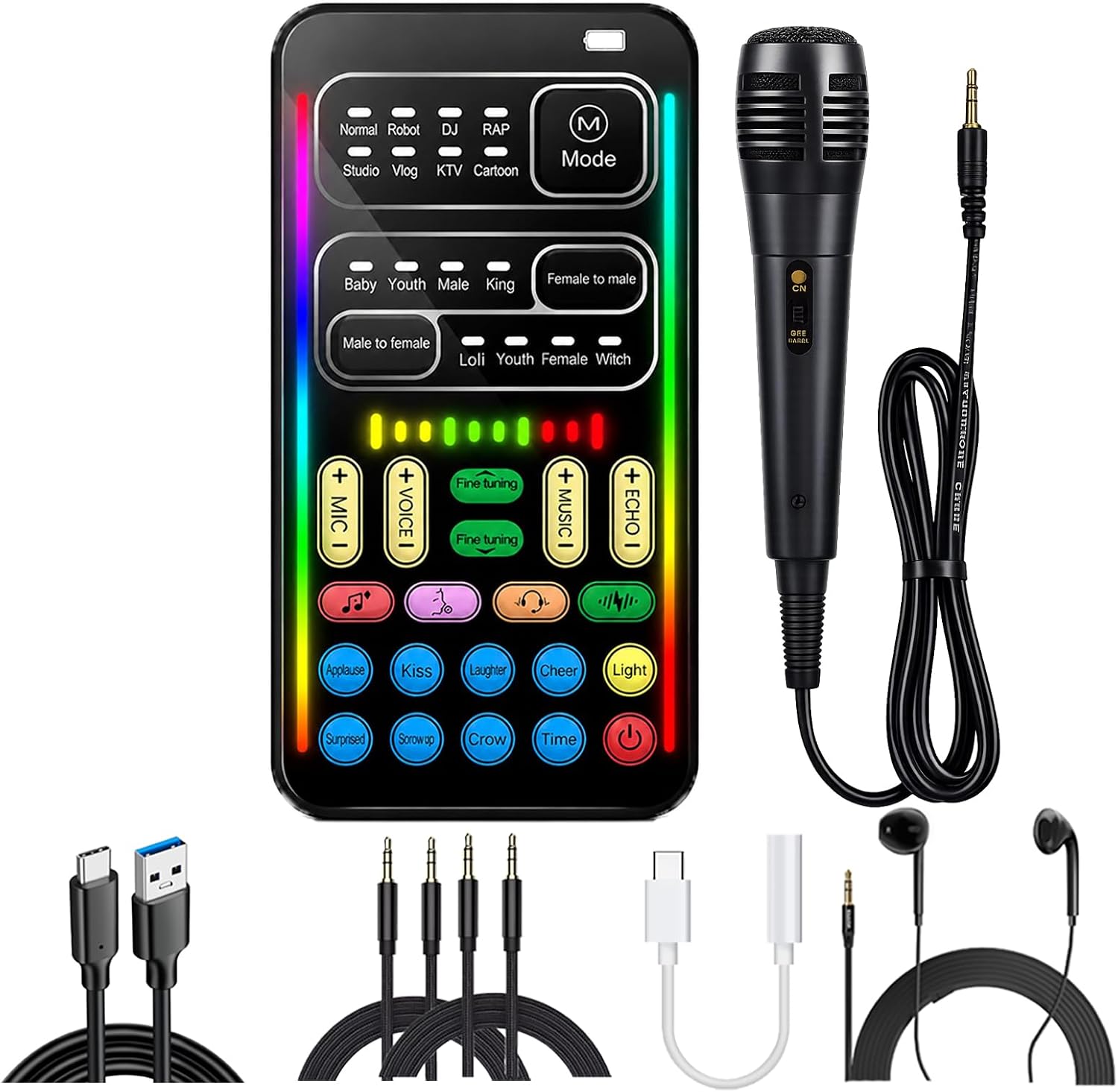I9 Voice Changer Sound Card Kit with Microphone & Monitor Earphone | Real-Time Voice Changing, 16 Voice Effects, Type-C Adapter Included, For Gaming & Streaming