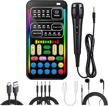I9 Voice Changer Sound Card Kit with Microphone & Monitor Earphone | Real-Time Voice Changing, 16 Voice Effects, Type-C Adapter Included, For Gaming & Streaming