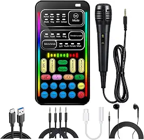 Kit de placa de som multifuncional I9 com microfone, fone de ouvido para monitor e adaptador tipo C, disfarçador de voz em tempo real de 16 efeitos para jogos/streaming/brincadeiras/podcast, para