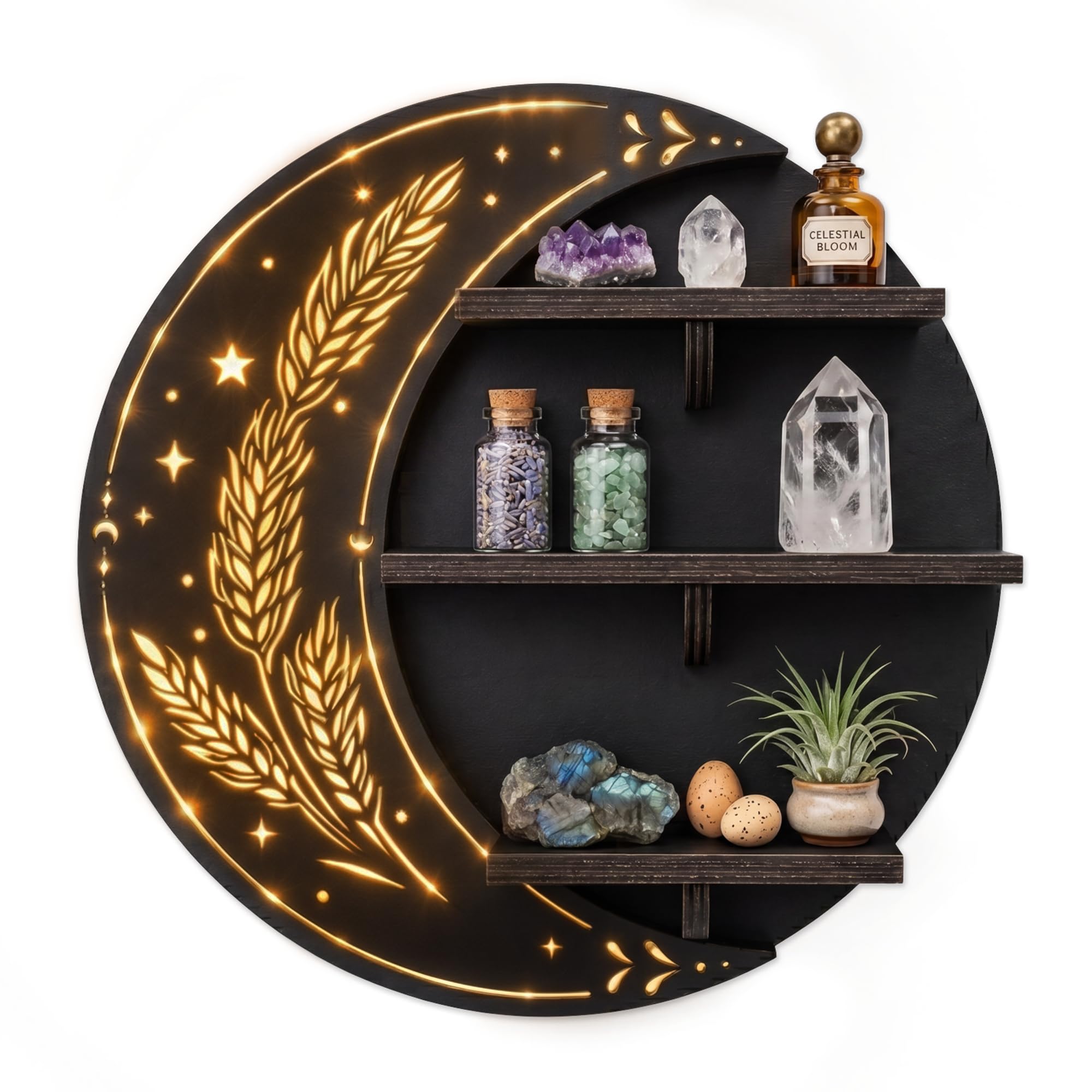 Wall Shelf, Crescent Moon Shelf, Crystal Display Shelf with LED Light-3 Lighting Modes, Trinket Shelf for Collectibles, Essential Oil and Perfume, Whimsical Aesthetic home Decor, Floating Shelf- 11.8"