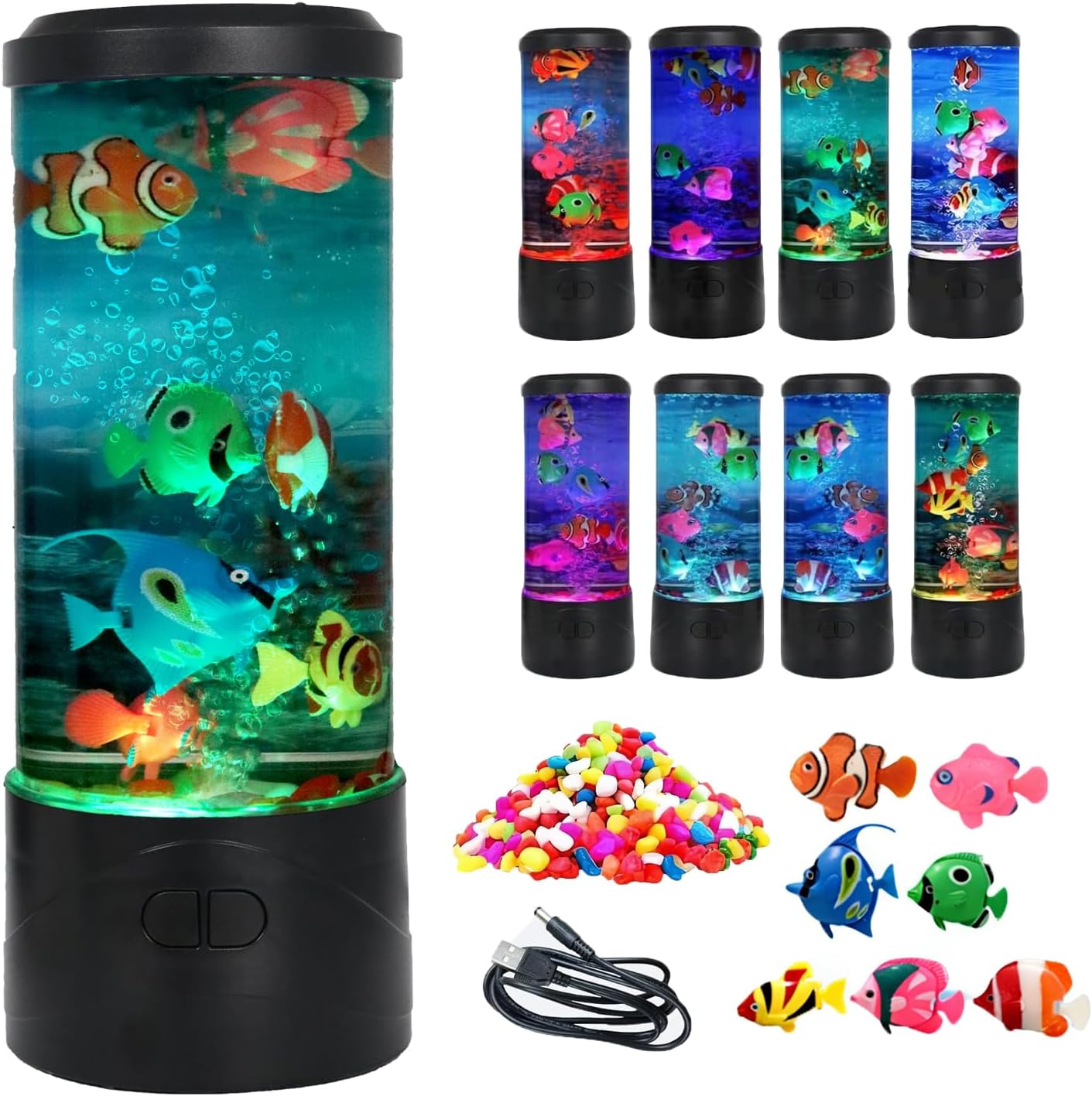 Toycol Bubble Fish Lamp 7 Fake Fish Aquarium Lamp with 7 Changing Colors LED Ocean Night Light, USB Powered, Ideal Decor for Home and Office & Excellent Gift for Kids and Adults