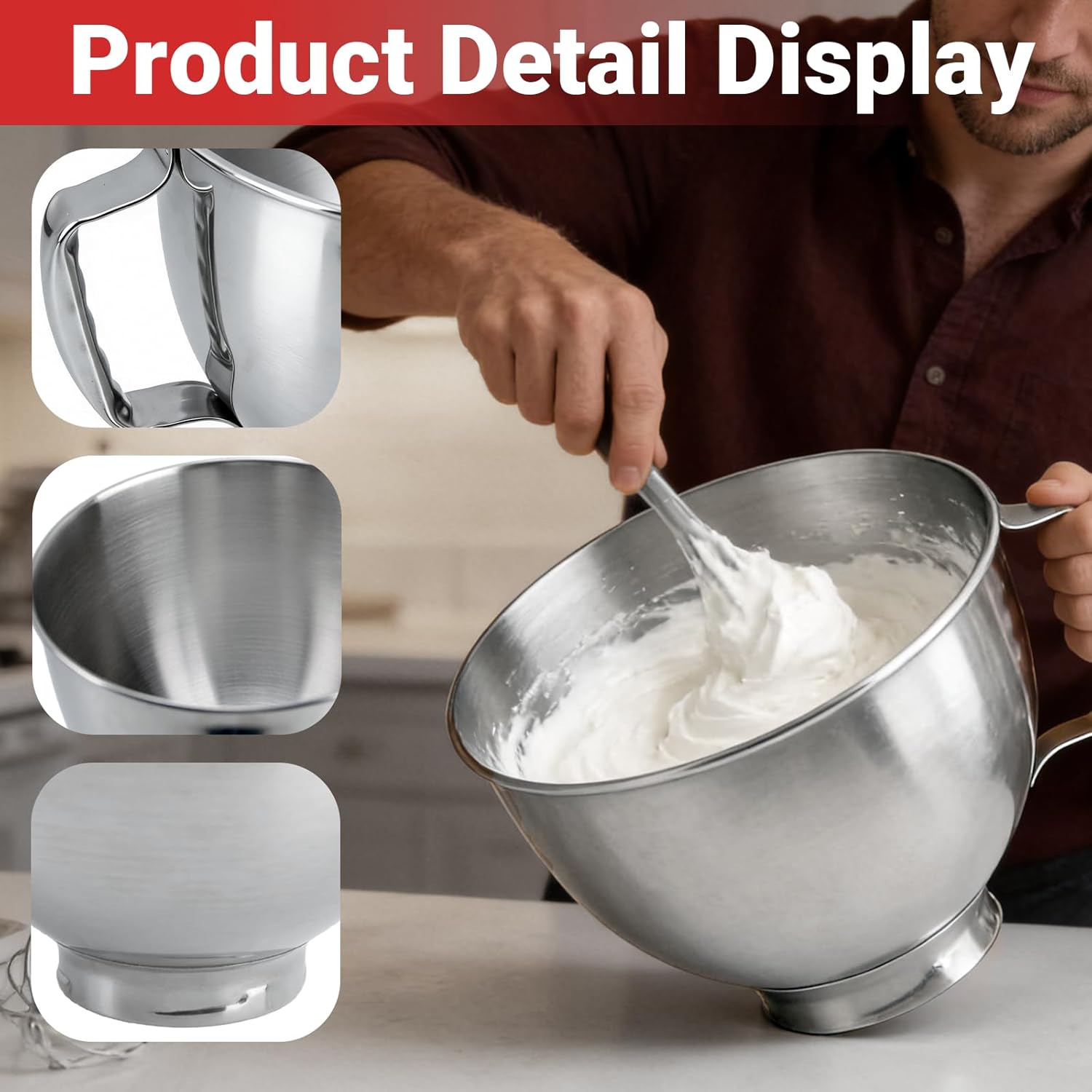 5QT Stainless Steel Mixing Bowl for KitchenAid Stand Mixers, Mixer Bowl Replacement with Handle Compatible with Tilt-Head 4.5–5 Qt Models