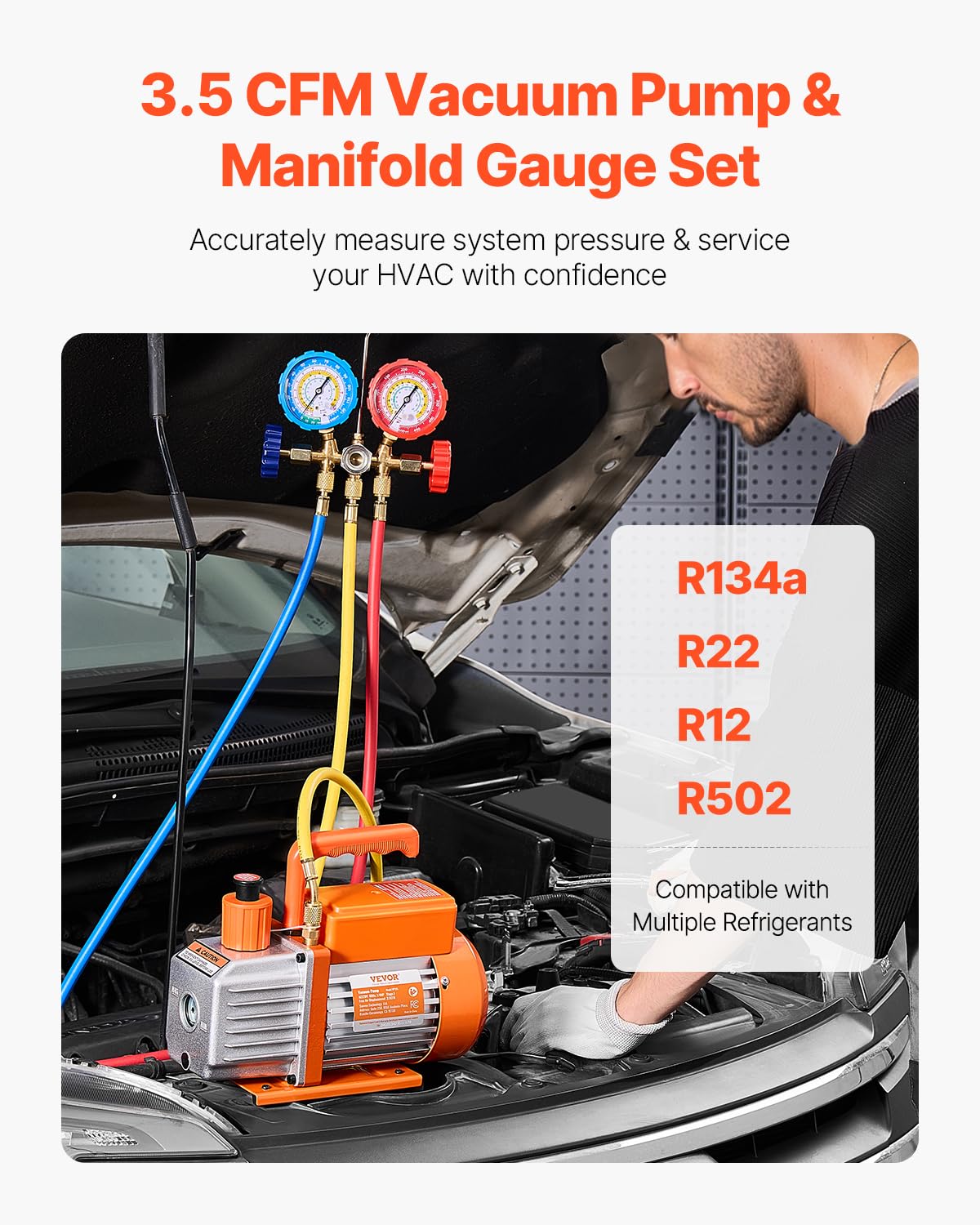 VEVOR 3,5 CFM AC-Vakuumpumpe und Manometer-Set, einstufige Drehschieber-HVAC-Vakuumpumpe, Kältemittelverteiler-Manometer-Kit für R134a R12 R22 R502a