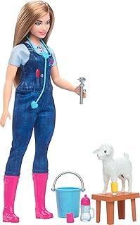 Barbie 65th Anniversary Doll & 10 Accessories, Farm Veterinarian Set with Blonde Vet Doll, Lamb with Moving Ears & More