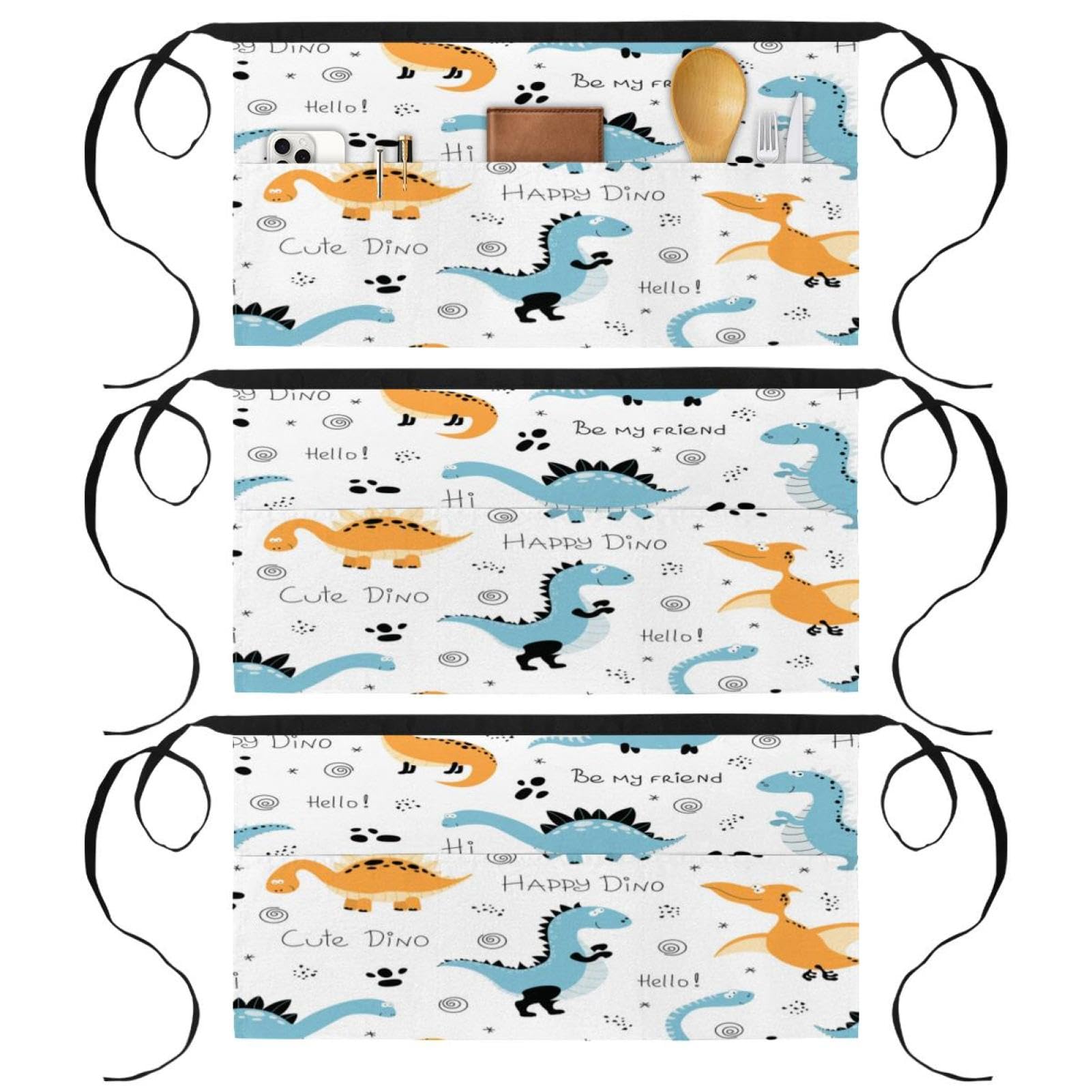 Tablier court de chef Hello Happy Dinosaur lot de 3 demi-tabliers multicolores avec 3 poches - 8