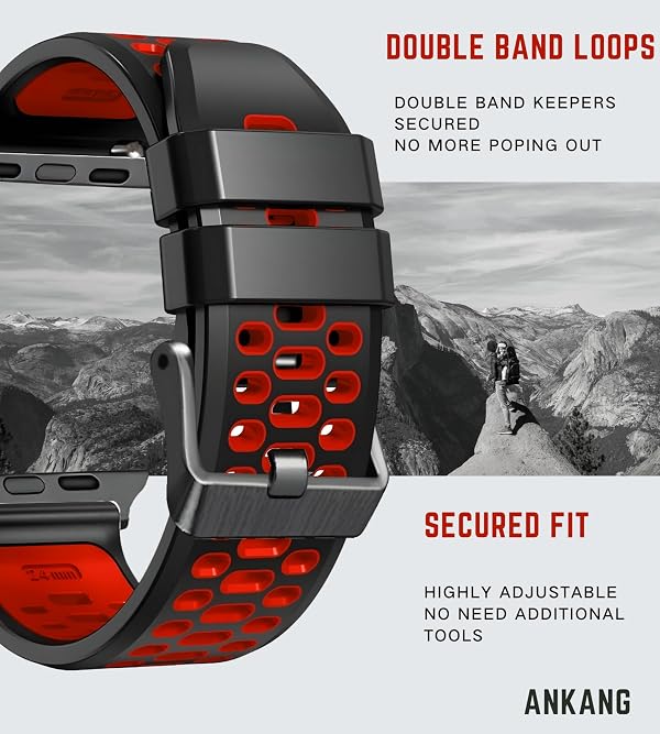 ANKANG Sport Band for Apple Watch Ultra 2 49mm 45mm 44mm 46mm Breathable Rubber Strap for iWatch SE 1 2 Series 4 5 6 7 8 9 for men women Black_Red by ANKANG - Used condition - Image 2