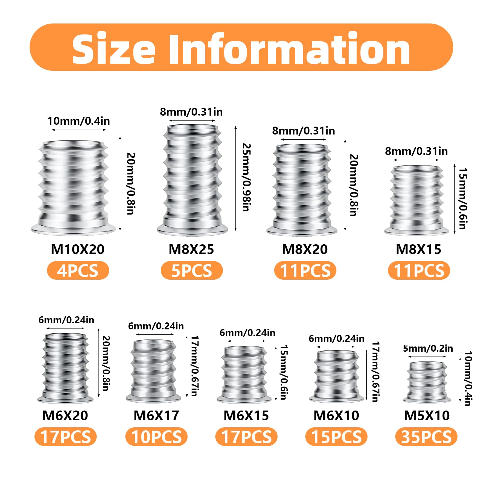 Set Inserti Filettati DN DENNOV 125 Pz - M5, M6, M8, M10 Per Legno E Mobili