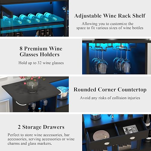 Miniatura 9 de Armario de mesa de bar con LED y cajón, mini barra de licor con almacenamiento de 8 niveles y soporte para vasos, soporte de barra de alcohol de