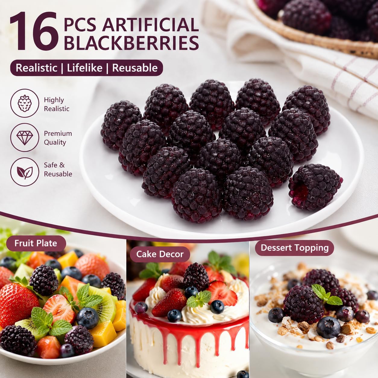 Alasum Artificial Raspberry 16pcs Fake Fruit Lifelike Berry Simulation Plant Photography Props for Wedding Table Centerpieces Home Kitchen Decor Photography Props Black, 2.30X1.50X1.50CM