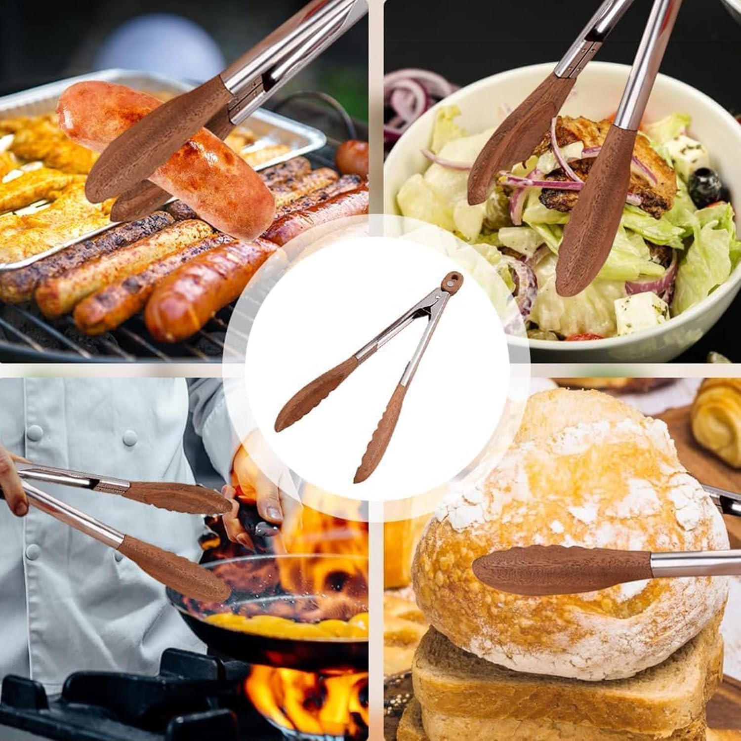Pinzas de cocina de madera, resistentes al calor, con clip de bloqueo, diseño antideslizante para barbacoa y ensalada, juego de 2 pinzas de madera de nogal duraderas