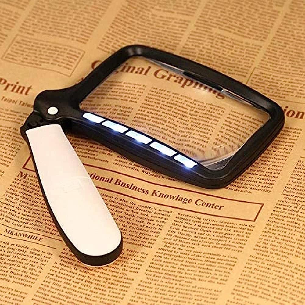 Vergrößerungsglas, 2-Fach vergrößernde, Faltbare Handlupe mit 5 LEDs, HD-Acrylglas, quadratisch, für Senioren zum Zeitunglesen/Weiß