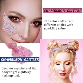 MEICOLY Chameleon Baby Pink Body Glitter,Pink Turn to Purple Face Glitter Paint,Color Changing Mermaid Face Glitter Gel for Halloween,Chunky Glitter for Face Body Hair,Festival Party Glitter Makeup