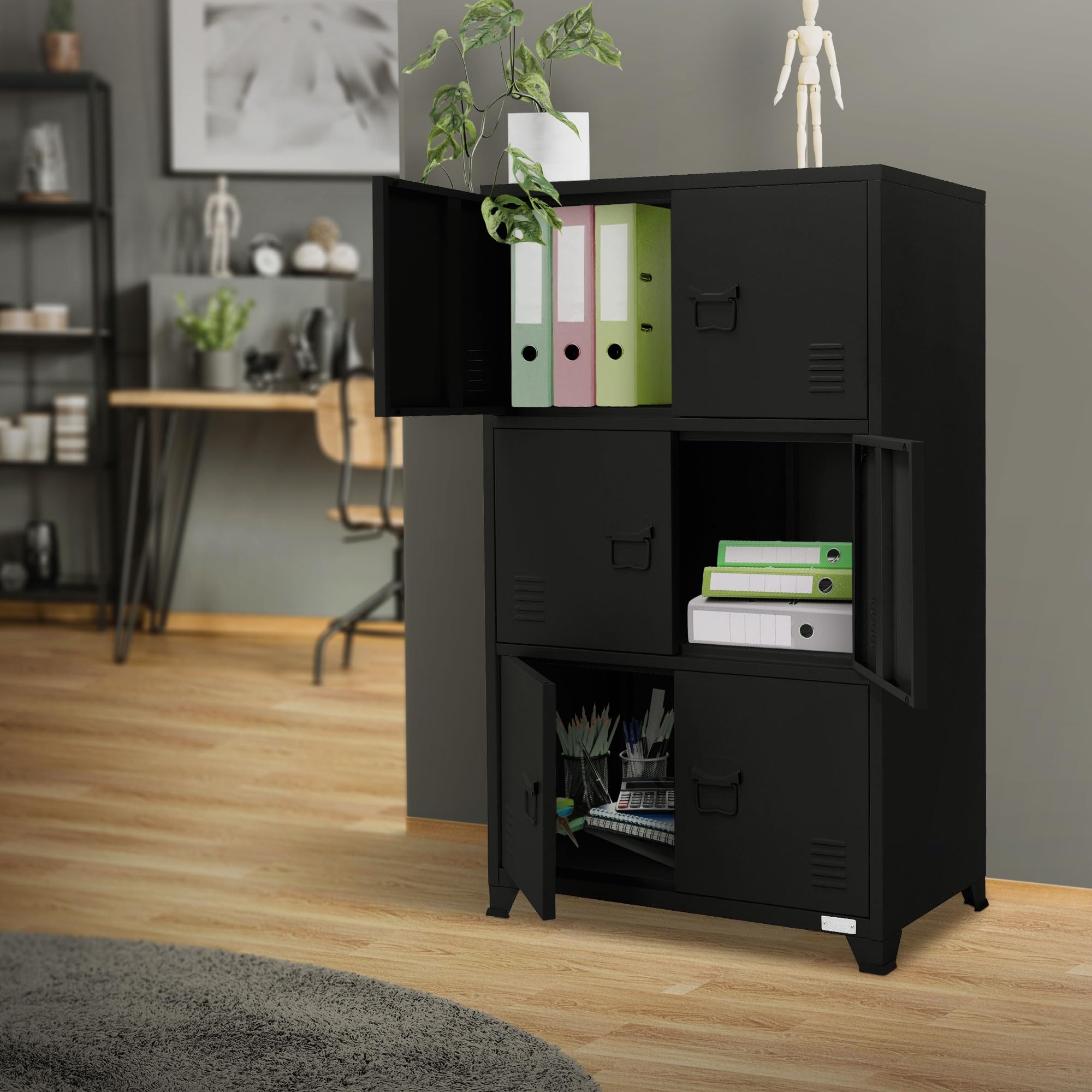 ML-Design Schedario da Ufficio 75x40x120,5 cm Nero Acciaio Mobile a 4 Gambe Armadietto in Metallo 6 Ante 3 Scomparti Interni Armadio Industriale Portadocumenti in Acciaio di Stoccaggio