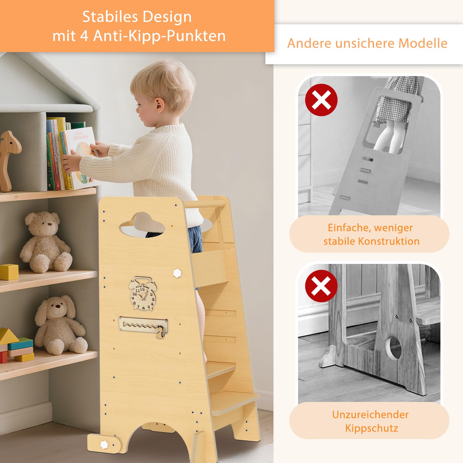 Lernturm für Kleinkinder – 3-in-1 Montessori-Küchenhocker mit Sicherheitsgeländer, höhenverstellbar, stabil mit Anti-Rutsch-Basis, umwandelbar in Hochstuhl und Aktivitätscenter