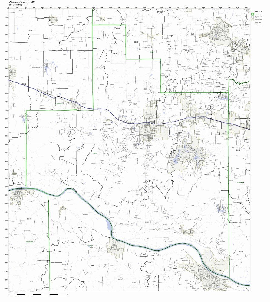 Warren County, Missouri MO ZIP Code Map Not Laminated