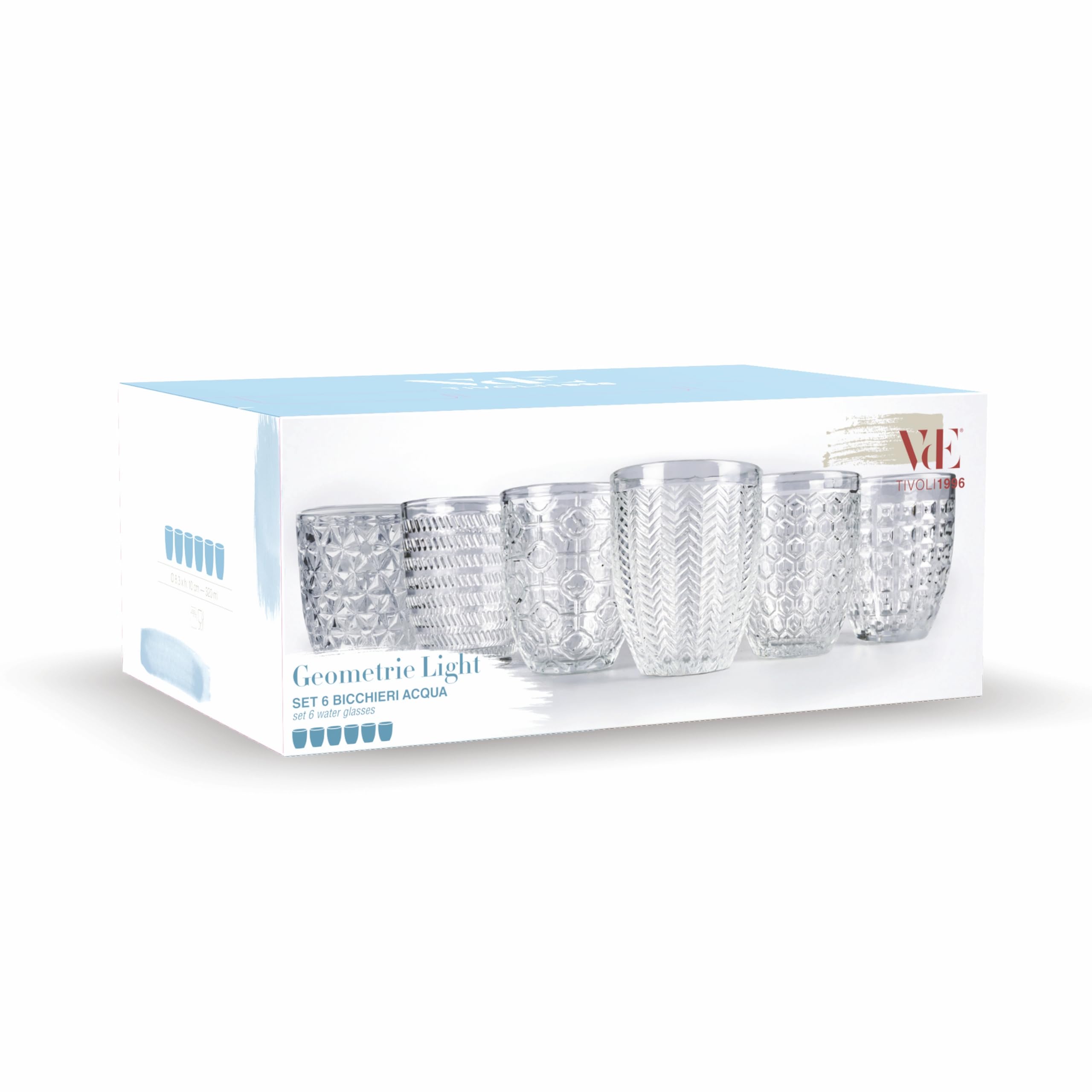 Set 6 bicchieri acqua 320 ml, in vetro trasparente decorato a rilievo, Geometrie Light