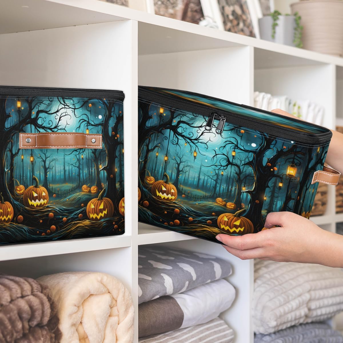 Storage Bin Set of 2 Forest Halloween Pumpkin Storage Basket with Zipper Lid & Handle Foldable Closet Shelf 2 Pack Cloth Organizer Basket Cube Bins Clothes Organizer for Bedroom, Nursery