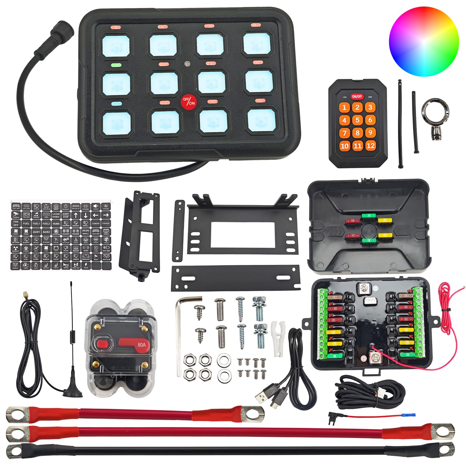 12 Button Switch Panel Auxiliary LED Backlit Light Control for Jeep SUV ATV UTV Off Road AutoDim Toggle Momentary Pulsed 80A Circuit Control IP65 Wireless Remote 12 Gang RGB Switch Panel