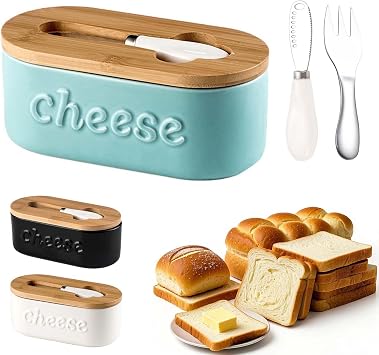 Butter Dish with Lid, Large Butter Dish for Countertop, Ceramic Butter Holder for Counter with Knife for Easy Cutting, Silicone seals for better freshness, for kitchen Green, elliptical
