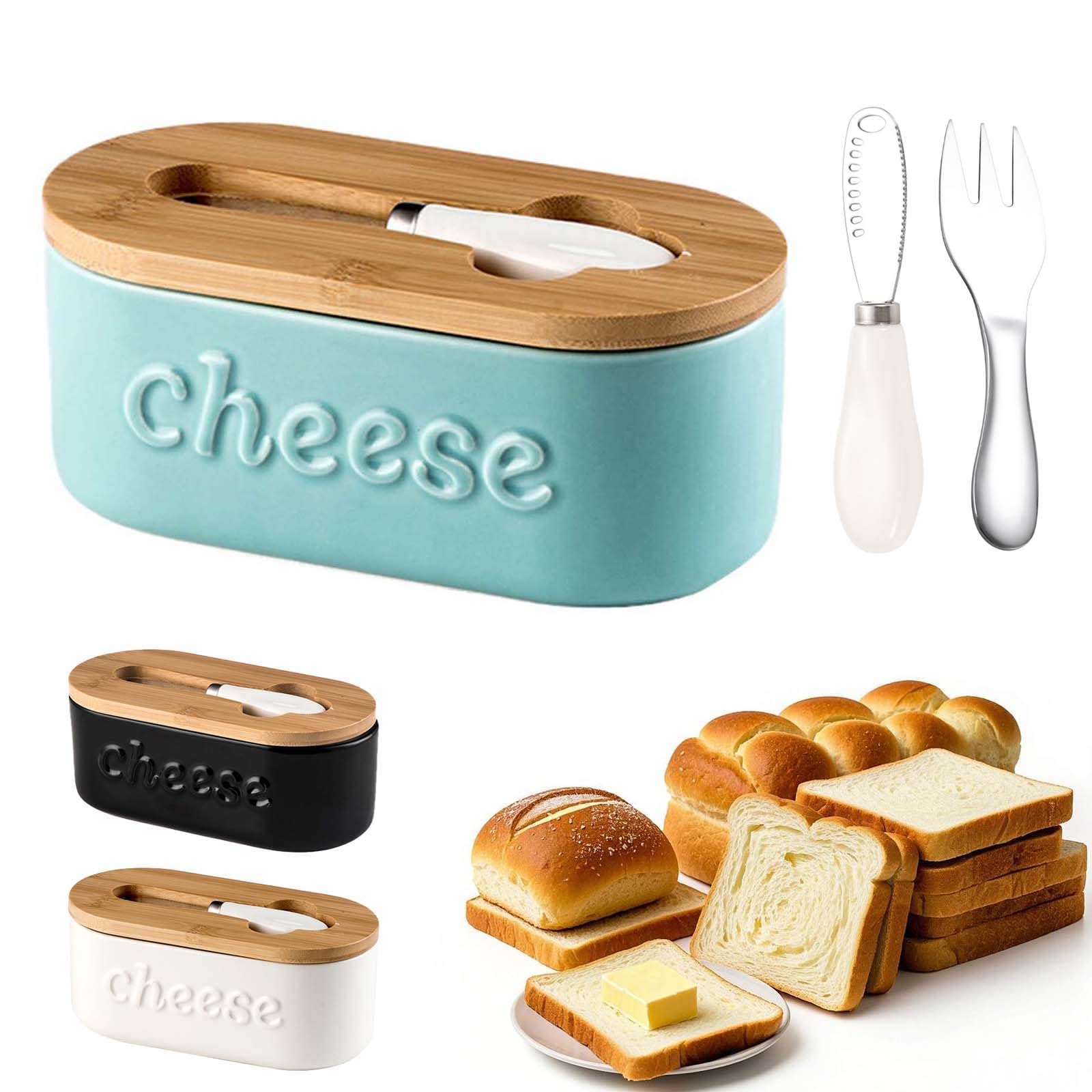 Bunnycare Butter Dish with Lid, Large Butter Dish for Countertop, Ceramic Butter Holder for Counter with Knife for Easy Cutting, Silicone seals for