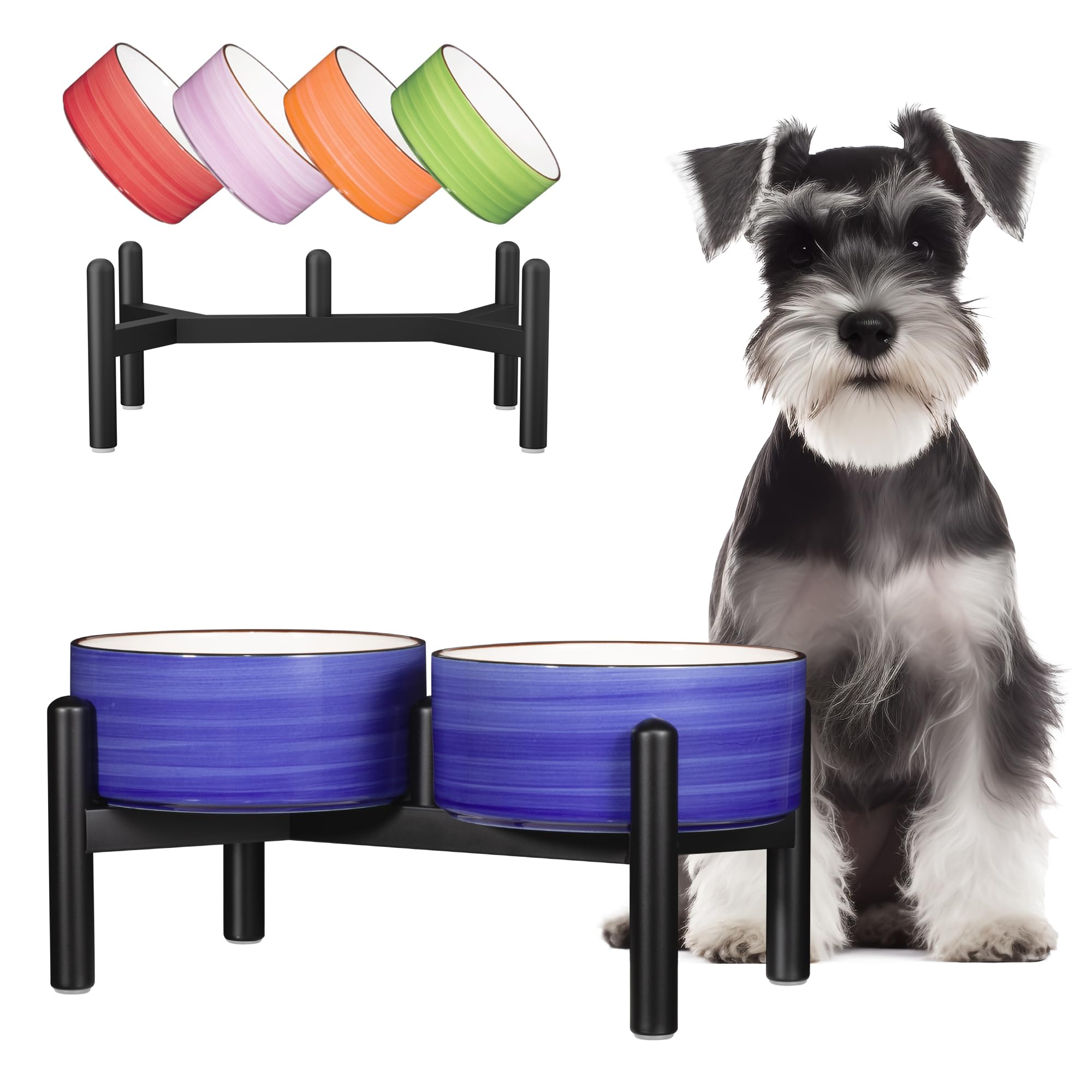 Double gamelle en céramique striée et inox pour petits chiens