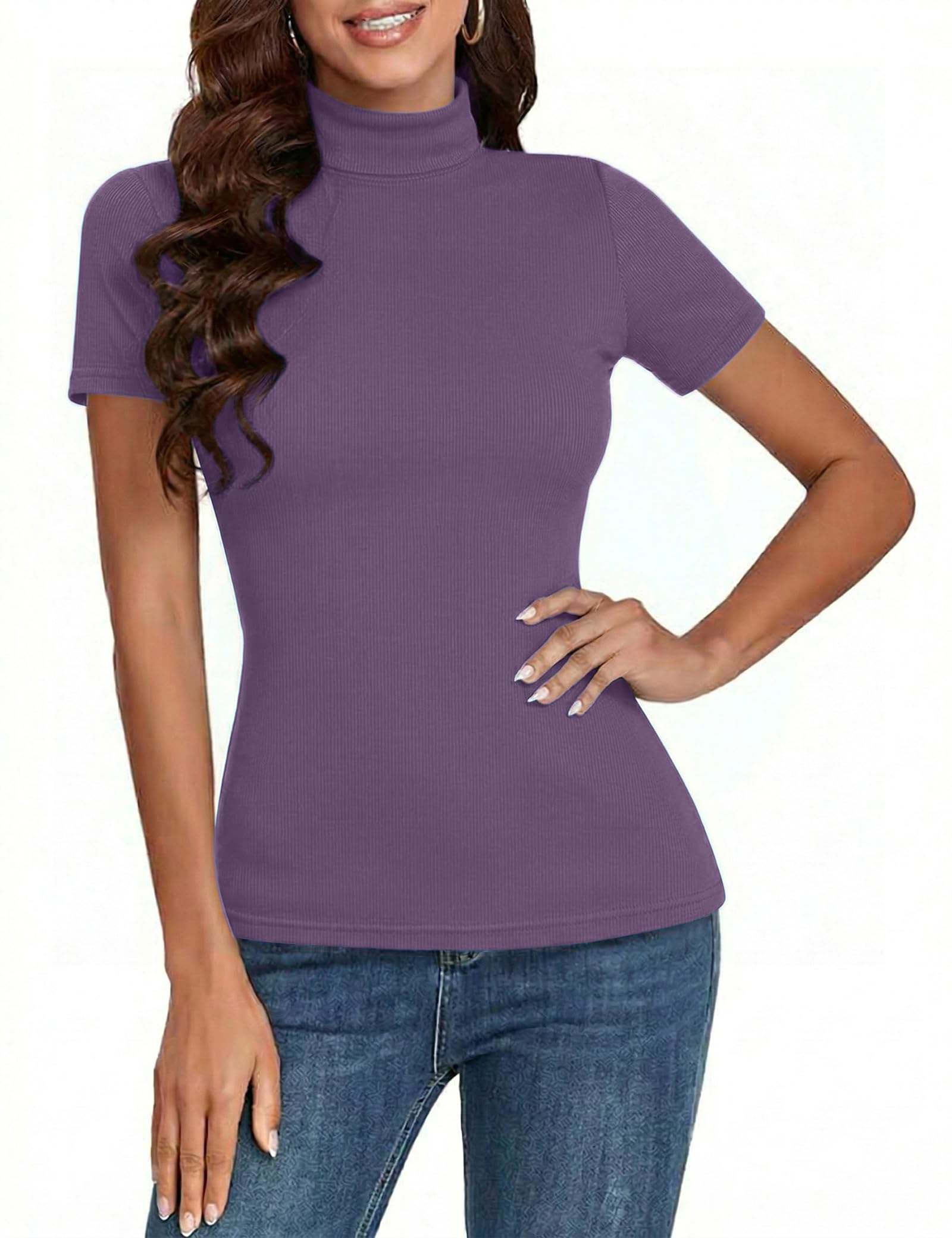 Totatuit Damen T-Shirt Kurzarm Gerippt Slim Fit Oberteile Elegant Basic Sommer Casual Stretch Tshirt mit Stehkragen Rollkragenshirt Tops