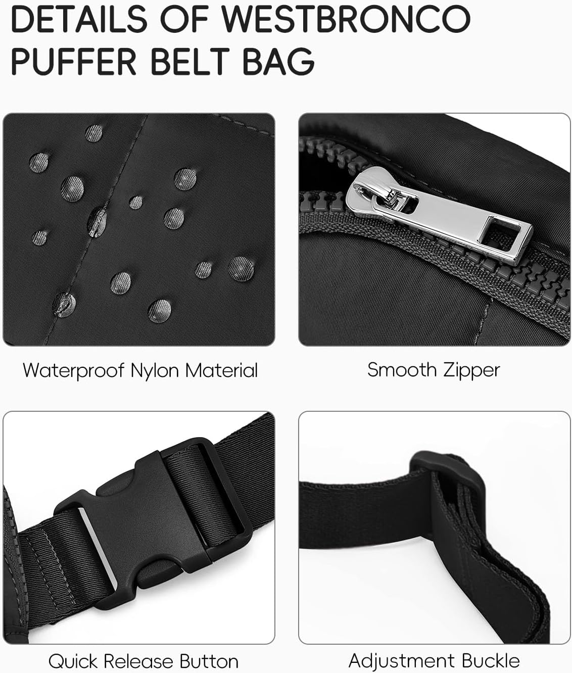 WESTBRONCO Puffer Fanny Packs for Women Quilted Nylon Waterproof Belt Bag with 2 Zipper, Puffy Crossbody Bag with Adjustable Strap, 1L Waist Bag for Travel Daily - Image 4