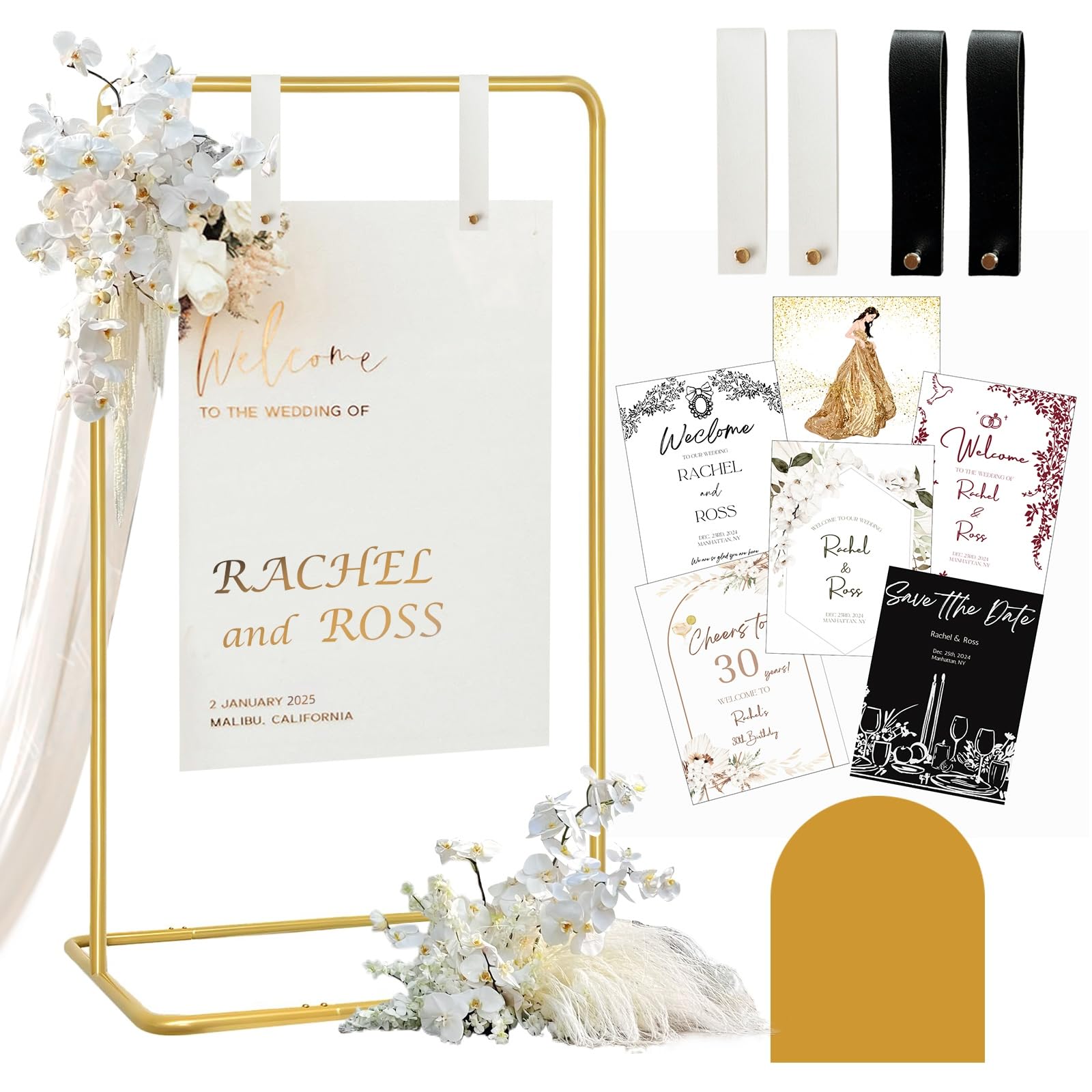Photo 1 of Wedding Sign Holder, Adjustable Welcome to Our Wedding Sign Stand W/Design Bundle & Leather Sign Hanging Straps, Heavy Duty Easel Stand for Sign, Wedding Seating Chart Stand, Easel for Display (Gold)