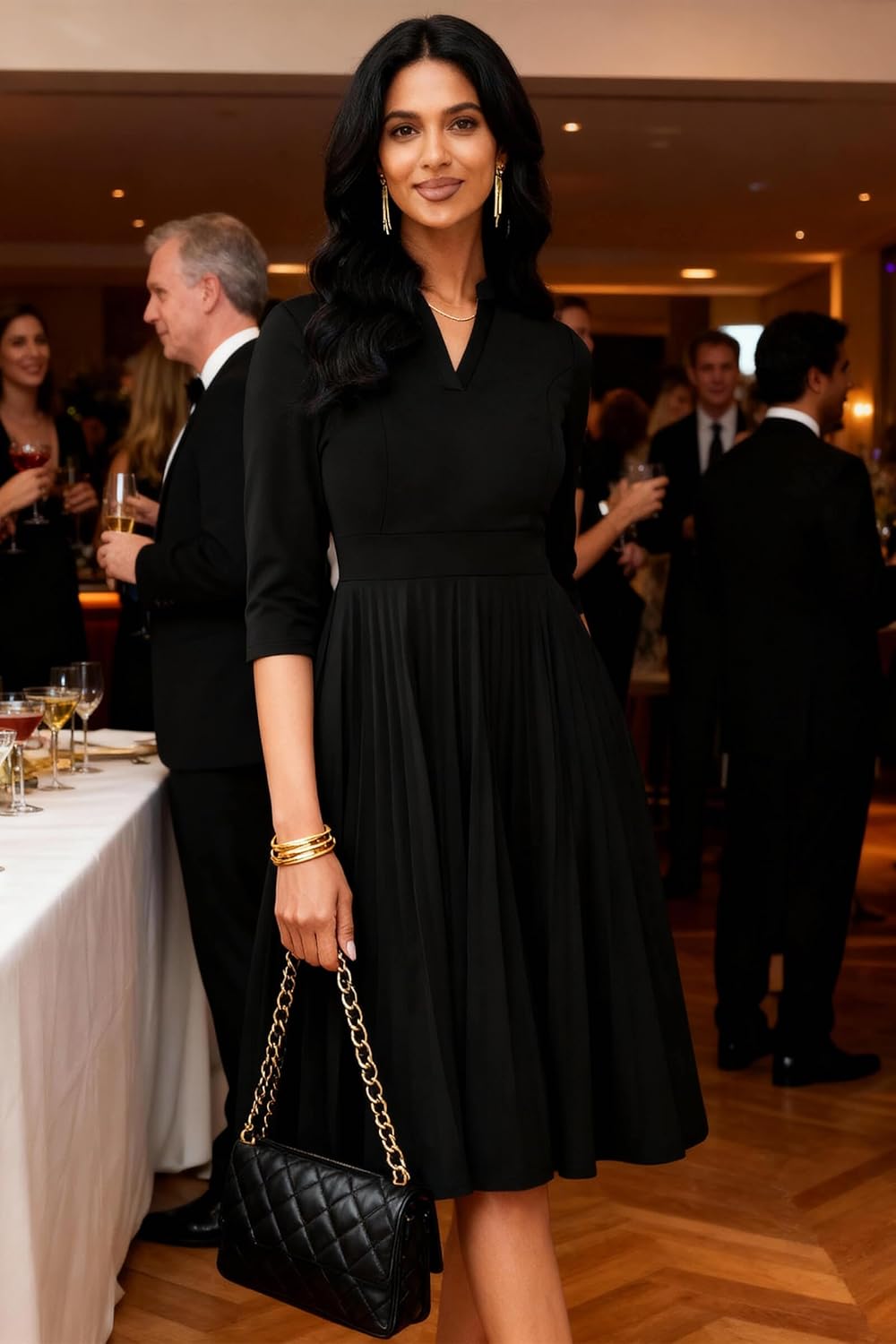 Nmoder Midi Dresses for Women, Cocktail Pleated Casual 3/4 Sleeve A-Line Church V Neck Elegant Dress - Image 3