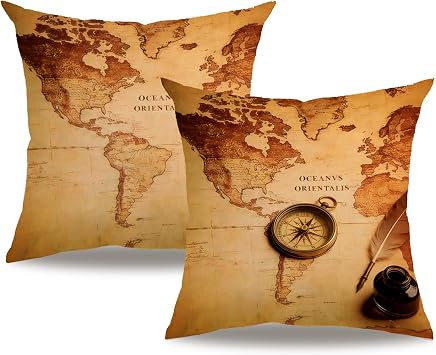 7COLORROOM Set of 2 Vintage World Map Pillow Covers Navigation Compass Square Decorative Throw Pillow Case Cotton Linen Cushion Cover 18X 18 for Home Sofa Bedding Decoration Brown map