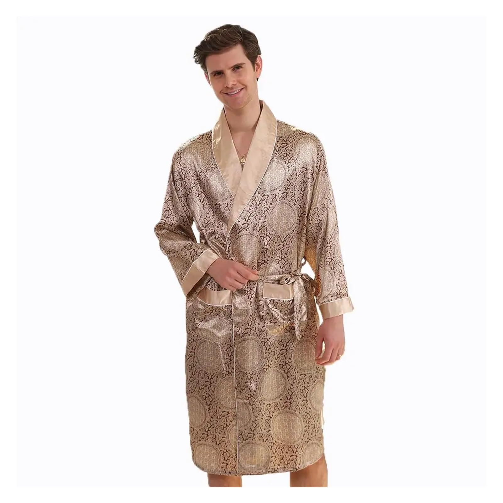 QWWQYDY Satin Robe Men 3XL 4XL 5XL Robe Men Summer Single Nightgown Satin Bathrobe Kimono Gown Long Sleeve Home Dressing Gown(Gold,5XL)