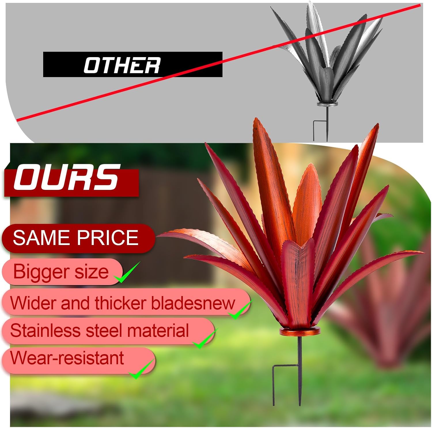 Large Tequila Rustic Sculpture, Rustic Metal Agave Plants for Outdoor Patio Yard Mexican Plant Garden， Agave Outdoor Lawn Ornaments Yard Stakes (Red 1pc)
